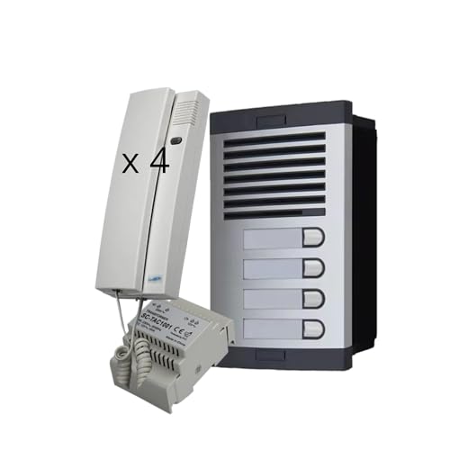 Portero Automático con Sistema de analogico 4+n, para comunidades Completo :Placa Calle,telefonillos Caja de empotrar y Fuente de alimentacion. gran calidad de fabricacio 4 viviendas)