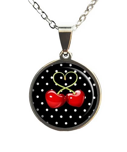 Collier Cerises Pois Rouges Noirs Bijou Cadeau Femme Acier Inoxydable