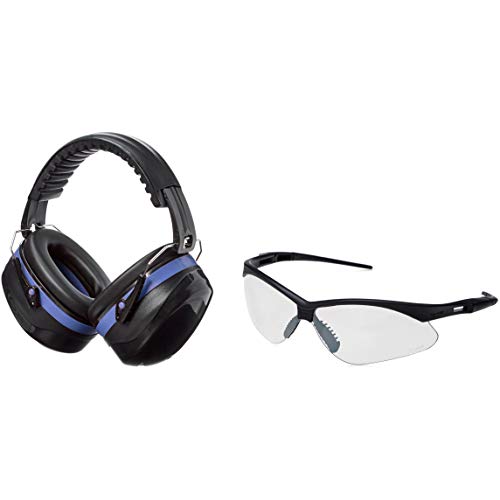 AmazonBasics Safety Ear Muffs Ear Protection, Black and Blue, and Safety Glasses, Clear