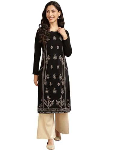 Image of rangita Black Acrylic Calf Length Printed Straight Kurti for Women | Kurta for Women