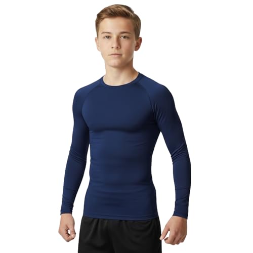 Camiseta Térmica Compresión Niños, Ropa Interior Manga Larga Suave (90% Poliéster, 10% Elastano) para Fútbol, Esquí, Running (FR/ES, Edad, 13 años, 14 años, Regular, Navy)