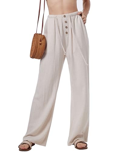 Fakanhui Women's Cotton Linen Wide Leg Pants Summer Relaxed Loose Comfy Casual Flow Baggy Slacks Linen Pants