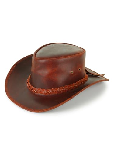 BenzHawk Genuine Leather Cowboy Hat for Men & Women | Adjustable Chin Strap Shapeable Wide Brim Sun Protection | Western Outback Hat Durable Cowhide Style Mens Leather Hat - Reddish Brown
