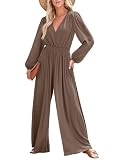 Dokotoo Jumpsuits for Lady Dressy One Piece 2024 Lighweight Cruise Outfits Long Sleeve V Neck Long Pants Rompers High Waist Outfits for Vacation,Dark Brown X-Large