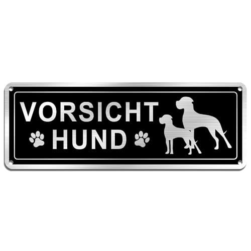 SINMAO Vorsicht Bissiger Hund Schild lustig mit 2 Hunde und Hundepfote 25x9cm Gebürstetes Aluminium, mit Vorlochung zum Aufhängen oder Annageln an die Wand Erhältlich