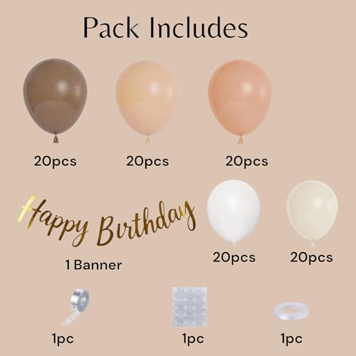 Image of Toys Treasure Birthday Decoration Kit 104 Pcs - Brown Dusty White Metallic Balloons with Happy Birthday Banner Party Supplies
