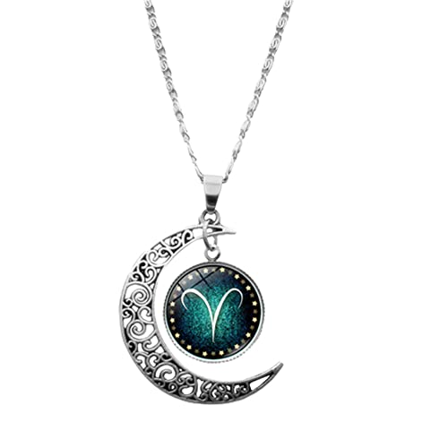 12 Zodiac Necklace for Women Men Astrology Constellation Horoscope Sign Necklaces Hollow Galaxy Moon Crescent Pendant Couple Birthday Christmas Jewelry Gifts, middle, Glass Metal, No Gemstone