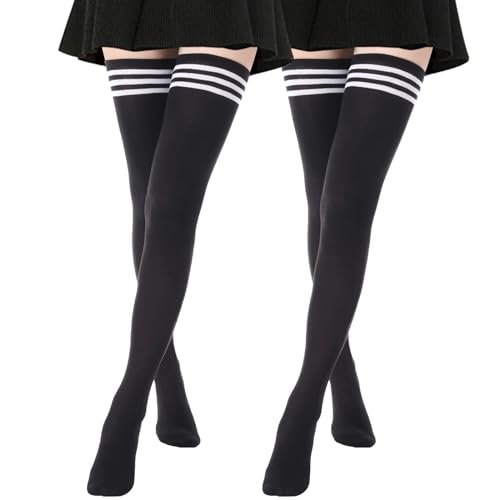 Image of AQOKKA Extra Long Thigh High Socks for Women Striped Over Knee Thigh Socks Long Boot Thigh High Stockings Leg Warmers