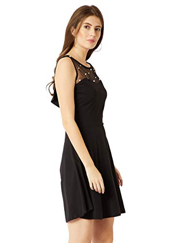 Image of Miss Chase Women's Black Round Neck Sleeveless Cotton Solid Sheer and Pearl Detailing Mini Skater Dress