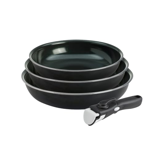 QDESIGN DIAMOND Lot de 3 poêles en Aluminium renforcé de diamants anti-adhésif, poignée amovible - tous feux dont induction - Compatible four/lave-vaiselle/frigo - Noir diamant, Empilables 20/24/28cm