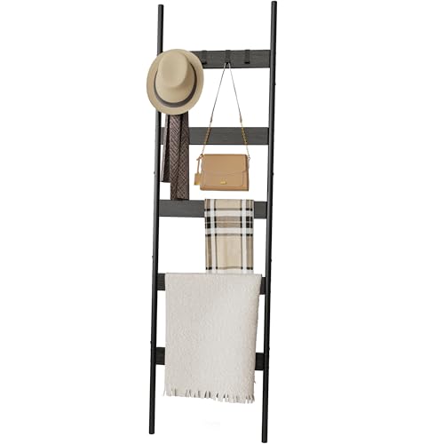 Blanket Ladder, 5-Tier Towel Holder with 4 Removable Hooks, Farmhouse Wall Leaning Decorative Rack Shelf, Wooden Towel Display Rack, Quilt Ladder for Living Room, Bedroom, Black
