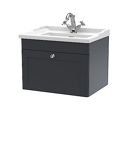 Image of nuie CLC1494F Classique Wall Hung 1 Drawer Vanity Unit & 1 Tap Hole Ceramic Basin, 600mm, Satin Anthracite, Soft Black