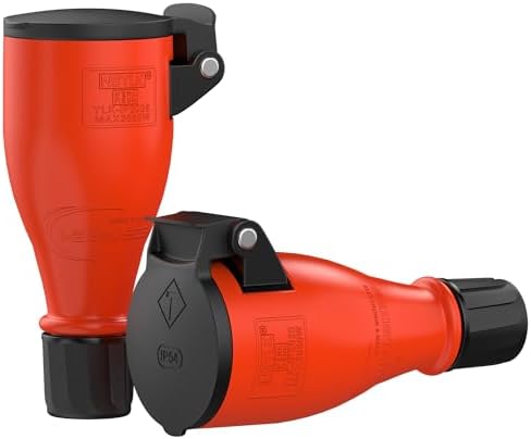 RedStar24 Schuko Kupplung 230V IP54 2er Set Robuste Steckdosen, 3-Polig, Gummi & Kunststoff, Schwarz Rot | Automatische Federabdeckung, Einhandbedienung | Ideal Outdoor Anwendungen