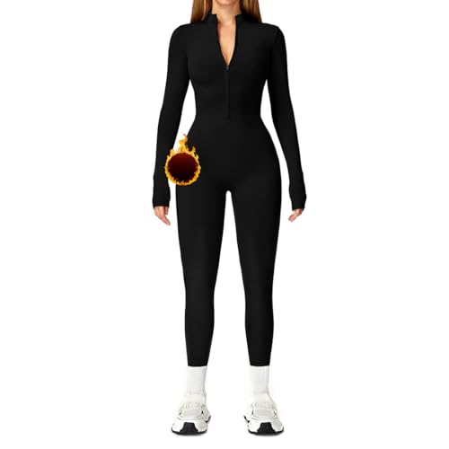 HUKUMA Tutine da Donna, Jumpsuit Sportiva Aderente, Maniche Lunghe Tute in Pile, Donna Tuta per Yoga Palestra Ginnastica-Nera M