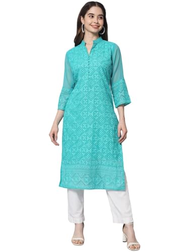 Image of Ekasya Women's Georgette Embroidered Work Kurta with Notch Neck 3 /4 Sleeves Straight Cut Calf Length | E1547