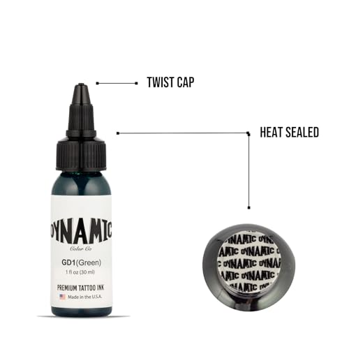 Image of Dynamic Color Green Tattoo Ink, Made in USA Since 1990, 1 oz | Sterilized and lot-numbered for full traceability; established American brand trusted by artists worldwide