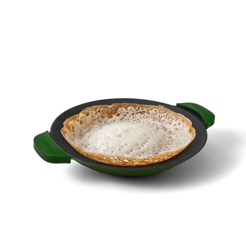 Image of CUMIN CO. Cast Iron Appam Pan | 22 cm | 5 Year Warranty | Non Toxic Non Stick Appachetty Pan | Chemical Free Coating | No Seasoning Needed | Green