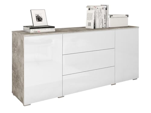 Cómoda Doppo 150 con 3 cajones y 2 puertas, sistema de apertura sin mango, aparador, elevador, armario multiusos, sala de estar (hormigón inteligente/blanco brillante, sin iluminación)