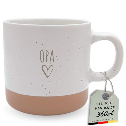 HerzHolzPapier Steingut-Tasse OPA 360 ml Handgefertigte Keramik Kaffeetasse Teetasse Spülmaschinen- & Mikrowellenfest Rustikales Design in Sprenkeloptik Geschenk für Opa