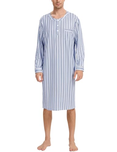 SWOMOG Men's Nightshirt Long Sleeve Nightgown Soft Loose Sleepwear Comfy Big & Tall Henley Sleep Shirt for Sleeping S-XXL