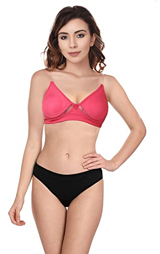 Image of Wirefree Non-Padded T-Shirt Bra Panty Set with Detachable Transparent Straps for Women /Girls.