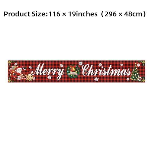 Christmas Banner Outdoor 117” x 19” Large Merry Christmas Banners Decorations for Garden Yard Fence Wall Red Plaid Fabric Xmas Banner Porch Sign with Santa Reindeer Festive Holiday Party Decor - Image 2