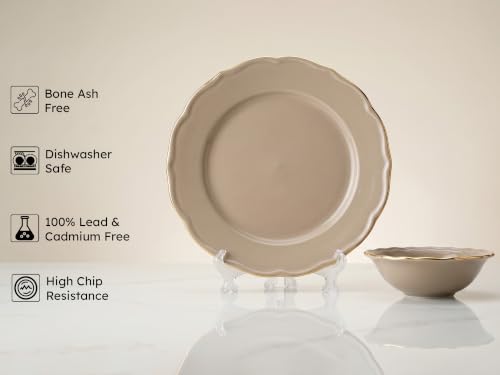 Image of Bodhi House 12-Piece Gold Rim Porcelain Dinner Set | Plates & Bowls Set | Lightweight, Chip Resistant, | Dishwasher Safe | Ideal for Home Dining & Gifting Set | Thunder Grey