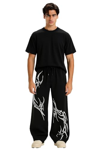 Image of Aesthetic Gothic Wide Leg Pants for Men | Tribal Print Baggy Streetwear | Oversized Track Pants with Elastic Waist | Black and White Relaxed Fit Bottoms