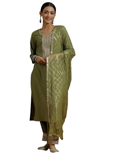 Image of Libas Embroidered Silk Blend Straight Kurta with Salwar and Dupatta