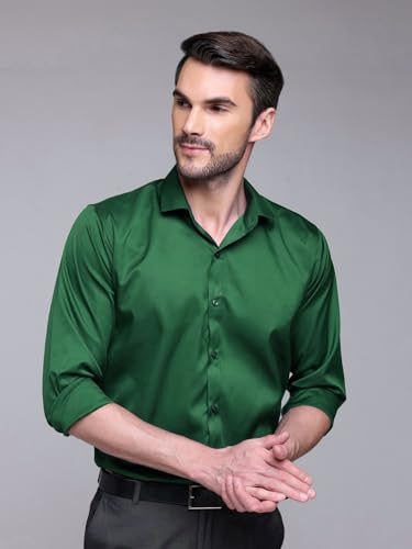 Image of IndoPrimo Men's Satin Shirt with Spread Collar Neck Line Solid Pattern Full Sleeves Regular Fit Western Style and Standard Length