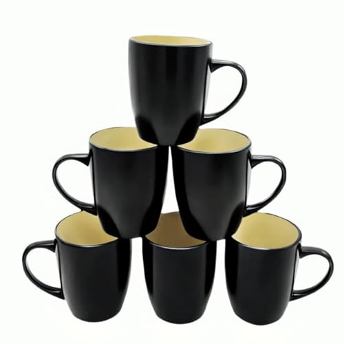 HOMD Coffee Cup Set 6-12oz Large Handle Ceramic Cup for Coffee Soup Tea Milk Latte hot Cocoa Ladies Men-New Porcelain Mug Set. (Black Rice Color)