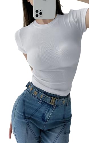 Sunfaynis Women's Short Sleeve Crewneck Ribbed Knit Tops Summer Casual Slim Fit Basic Tee Shirts (White, S)