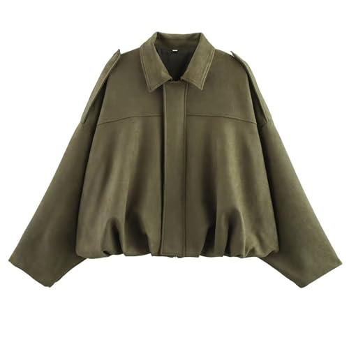 CUFEZN Chaqueta bomber de ante sintético para mujer, de gran tamaño, casual, con solapa, manga larga, abrigo de piloto para exteriores, ropa de otoño 2025, ropa de moda, Verde Armada (ArmyGreen