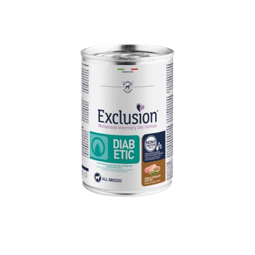 Exclusion Diabetic Umido Cane, alimento dietetico per cani adulti di tutte le taglie con diabete mellito gusto MAIALE,SORGO e PISELLI | 6 scatolette da 400 grammi l'una.