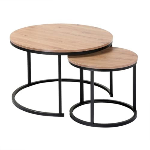 Calicosy - 2 Tables Basses Gigognes Rondes - Décor Bois - Panneaux Particules Mélaminés FSC - Pieds Métal - Modulables - Salon - Style Industriel - L 70 x...