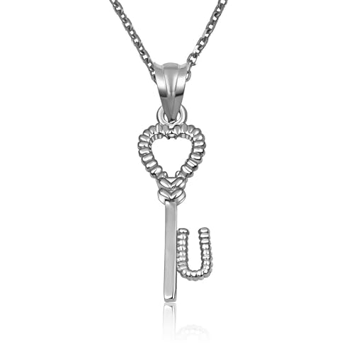 10K White Gold Heart Lock & Key Letter Initial Love Pendant Necklace Initial - U-16
