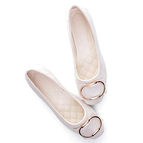 Memorygou Women's Round Buckle Cute Elegant Ballets Flats Slip On Soft Dress Shoes Beige US 4.5