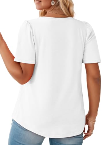 VISLILY Plus-Size-Womens-Summer-Tops Trendy Square Neck T Shirts Cute Flowy Pleated Tunics Casual Short Sleeve Blouses XL-5XL3