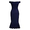 Knitee Women's Off Shoulder V-Neck Ruffle Pleat Waist Bodycon Evening Cocktail Slit Formal Dress (Navy Blue, Large)