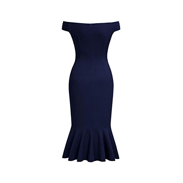 Knitee Women's Off Shoulder V-Neck Ruffle Pleat Waist Bodycon Evening Cocktail Slit Formal Dress (Navy Blue, Large)
