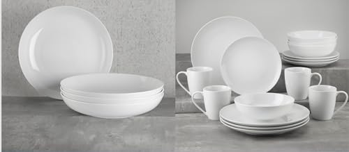 Euro Ceramica Essential Collection Fine Porcelain Classic Coupe 20-Piece Dinnerware and Serveware,4 Pieces 9-Inch Meal Bowl Included, Service for 4, Classic White