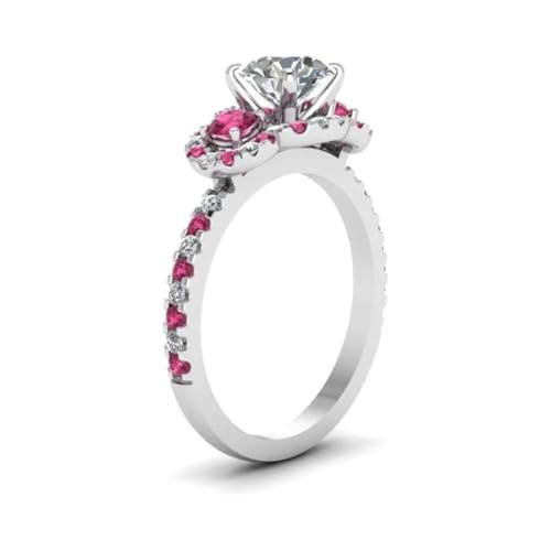 Image of 55Carat Choose Your Gemstone Delicate 3 Stone Halo Diamond CZ Ring Sterling Silver Round Shape Halo Engagement Rings Everyday Jewelry Wedding Jewelry Handmade Gifts for Wife US Size 4 to 12