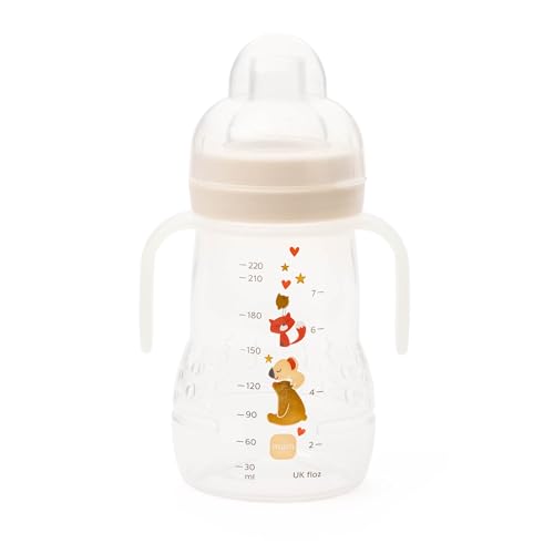 MAM Trainer Night | 1 Pack (1 x 220ml) | Comes with MAM Bottle Handles That Glow in The Dark | Suitable from 4+ Months | Spill-Free | Cream (Various Designs)