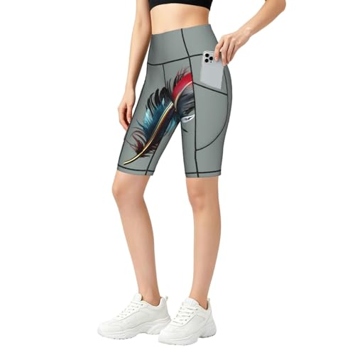 Short de sport taille haute gainant imprimé plumes avec poches latérales