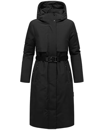 Navahoo Damen Wintermantel warmer, wasserabweisender Parka mit (abnehmbarer) Kapuze und Taillengürtel Waldbummler 14 Black Gr. 3XL
