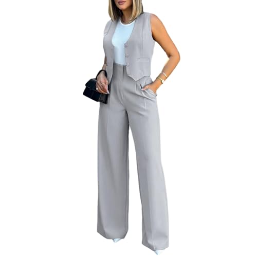 Office Wear Trousers Women Vest Wide Leg Pants with Sleeveless Solid Color High Waist Elegant Lady Baggy Set Casual