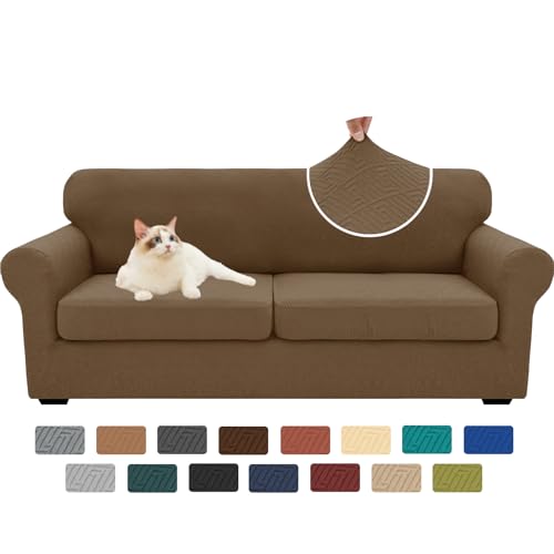 XINEAGE New 3 Pieces Couch Covers for 2 Extra Large Cushion Sofa Super Stretch Sofa Cover for 2 Large Seat Universal Loveseat Slip Cover for Living Room (Brown), 71"-91"(2 Cushions)