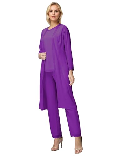 3 Pieces Long Sleeves Mother of The Bride Pants Suits with Jacket Chiffon Formal Evening Dress