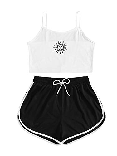 SweatyRocks Women's 2 Piece Outfit Strapy Crop Tops and Dolphin Shorts Set Tracksuit White Black S