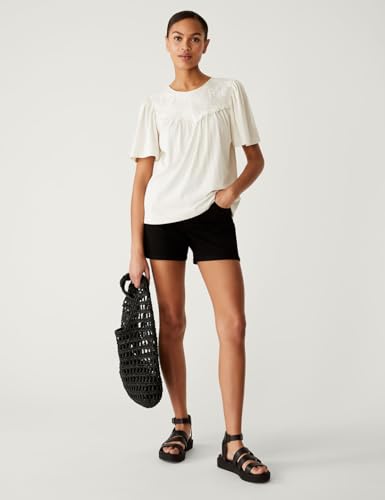 Image of Marks & Spencer Womens Embroidery Cotton Round Neck Regular Fit Short Sleeve Top